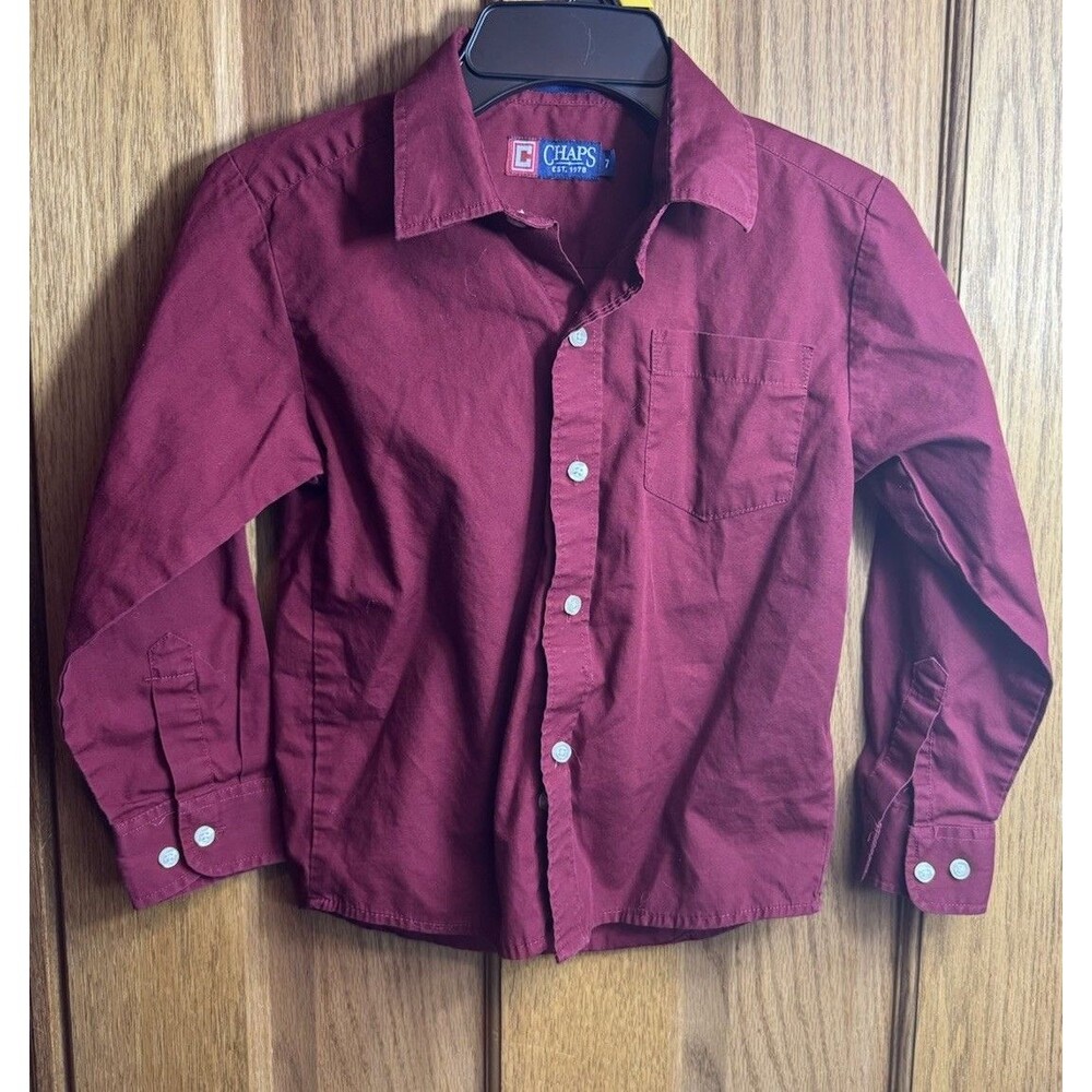 Chaps Boys Sz 7 Burgundy Solid Collared Long Sleeve Button Up Shirt